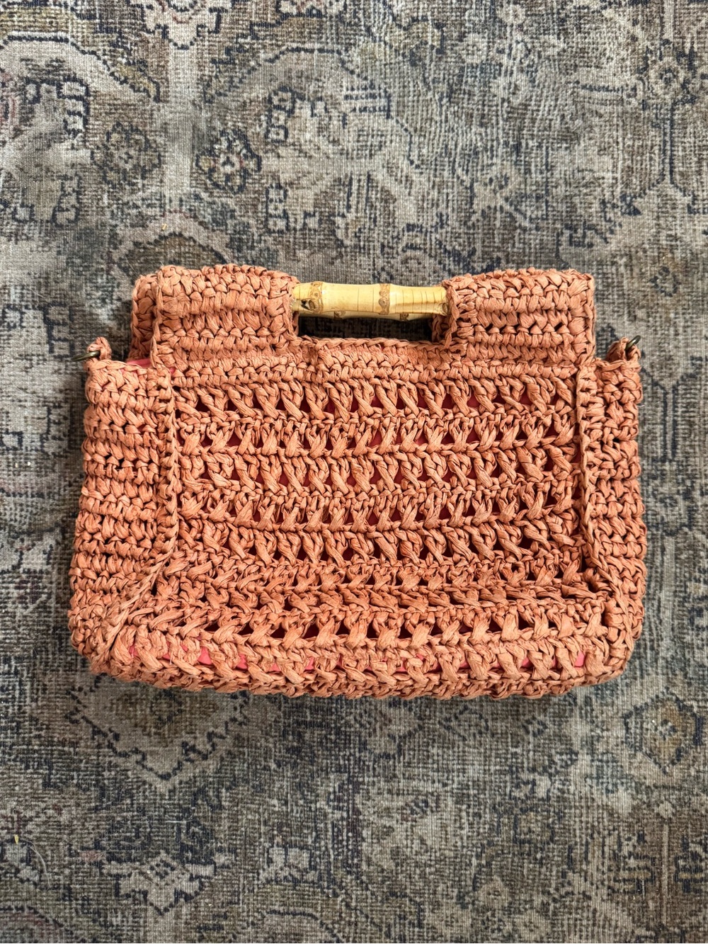 FREE PEOPLE Woven Orange Straw Clutch Bag Bamboo Handles